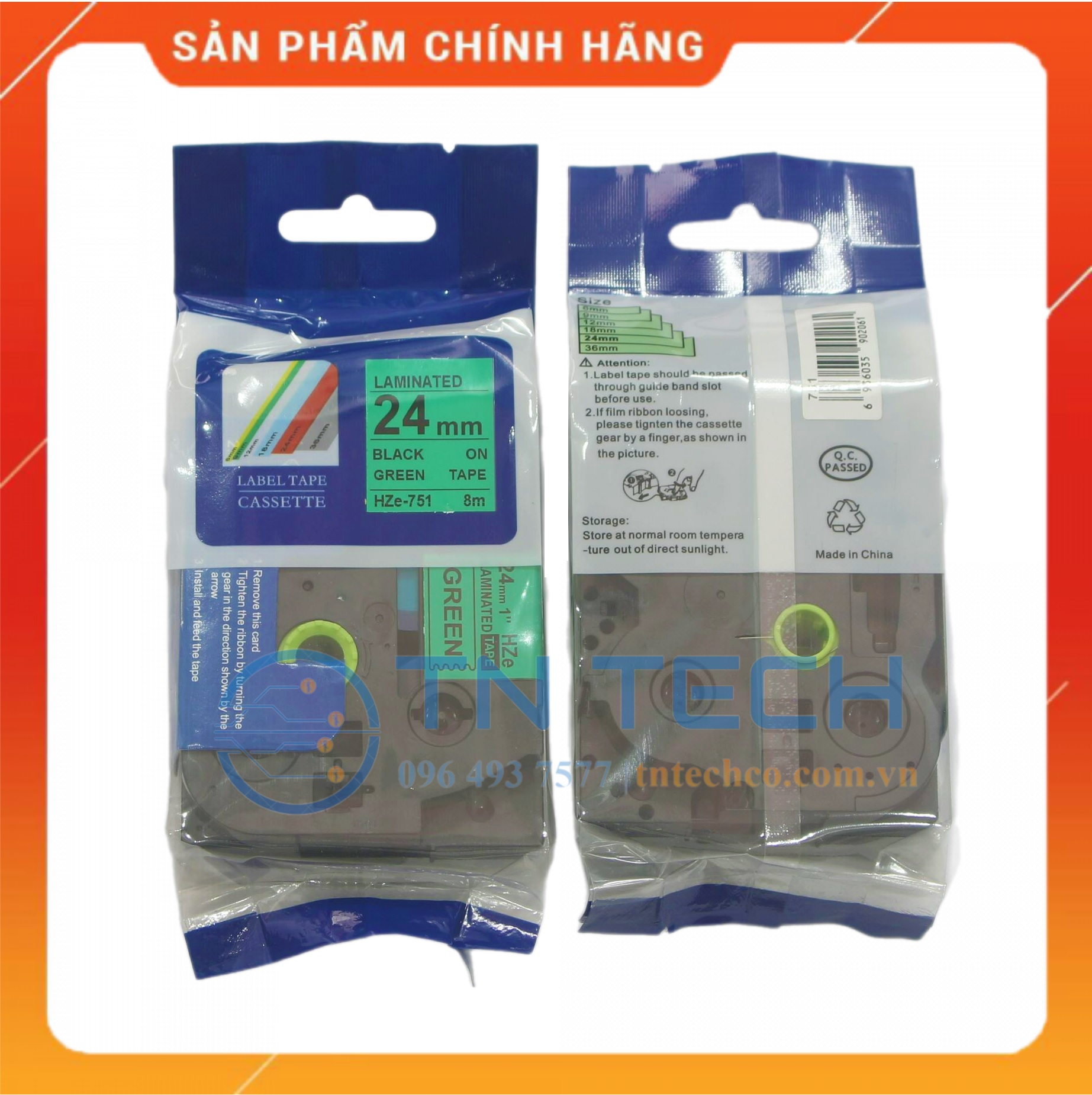 Nhãn In HZE-751 - Đen nền xanh lá 24mm x 8m - Dùng cho máy in BROTHER - AIMO - PUTY [Hàng nhập khẩu]