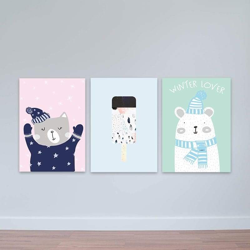 Bộ 3 tranh treo tường Bắc Âu "Gấu và mèo" W2240 Canvas