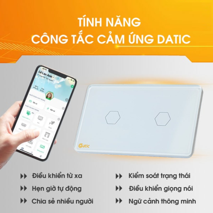 Công tắc thông minh HUNONIC DATIC 2 nút màu trắng - Điều khiển từ xa bằng điện thoại - Công nghệ 4.0