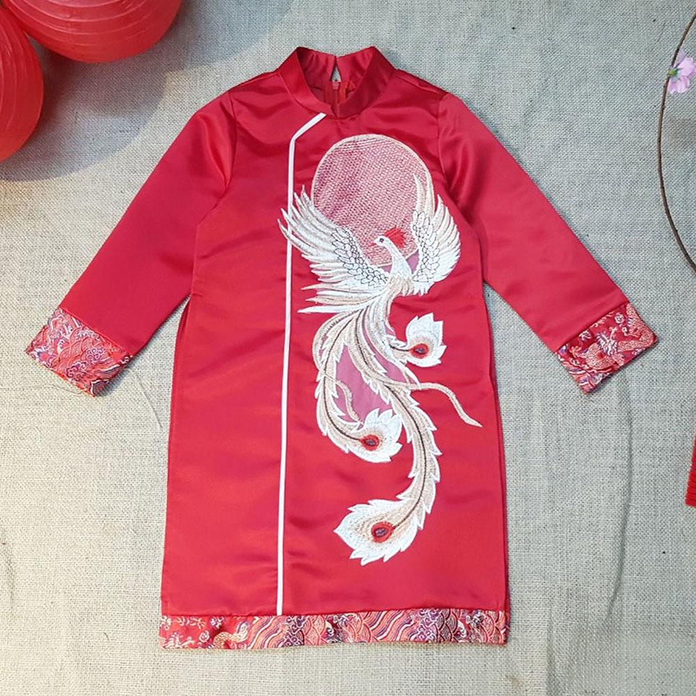 Áo dài bé trai cách tân hình chim công siêu hot màu đỏ nét truyền thống MamLa