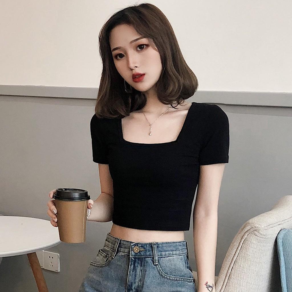 Mua Áo Croptop Cổ Vuông Cộc Tay Nữ - Thun Trơn Body Dáng Ôm, Phông Ngắn  Sexy Màu Trắng | Đen Ulzzang | Tiki