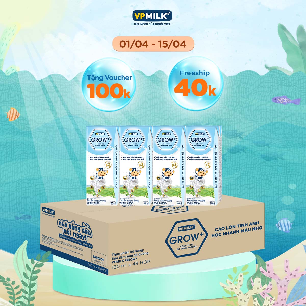 Sữa Tiệt Trùng Có Đường VPMilk Grow+ Hộp 180ml (Thùng 48 Hộp)