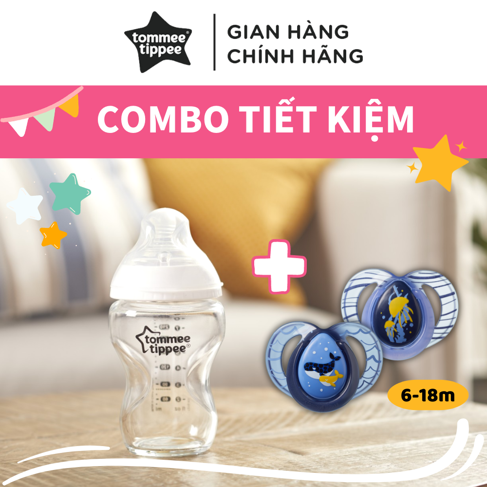 COMBO Ty Ngậm Vui Nhộn Tommee Tippee FunFriends 6-18m &amp; Bình Sữa PPSU Ty Siêu Mềm Tommee Tippee 260ml, Họa Tiết