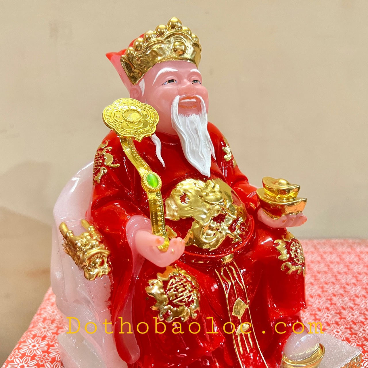 Tượng Thần Tài Thổ Địa ngồi ghế đá cao cấp nhập khẩu Đài Loan cao 19cm – Đỏ
