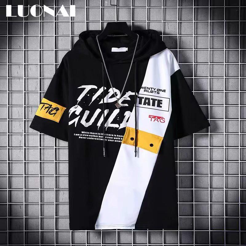 Spot real shot new summer European and American style men's urban fashion cool wild loose comfortable oblique pockets color matching design casual short sleeve hoodie