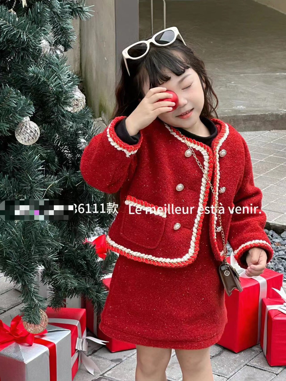 Set váy dạ cho bé gái, Váy thu đông trẻ em 2-7 tuổi đính nơ và kim tuyến phong cách Hàn Quốc kiểu dáng thời trang