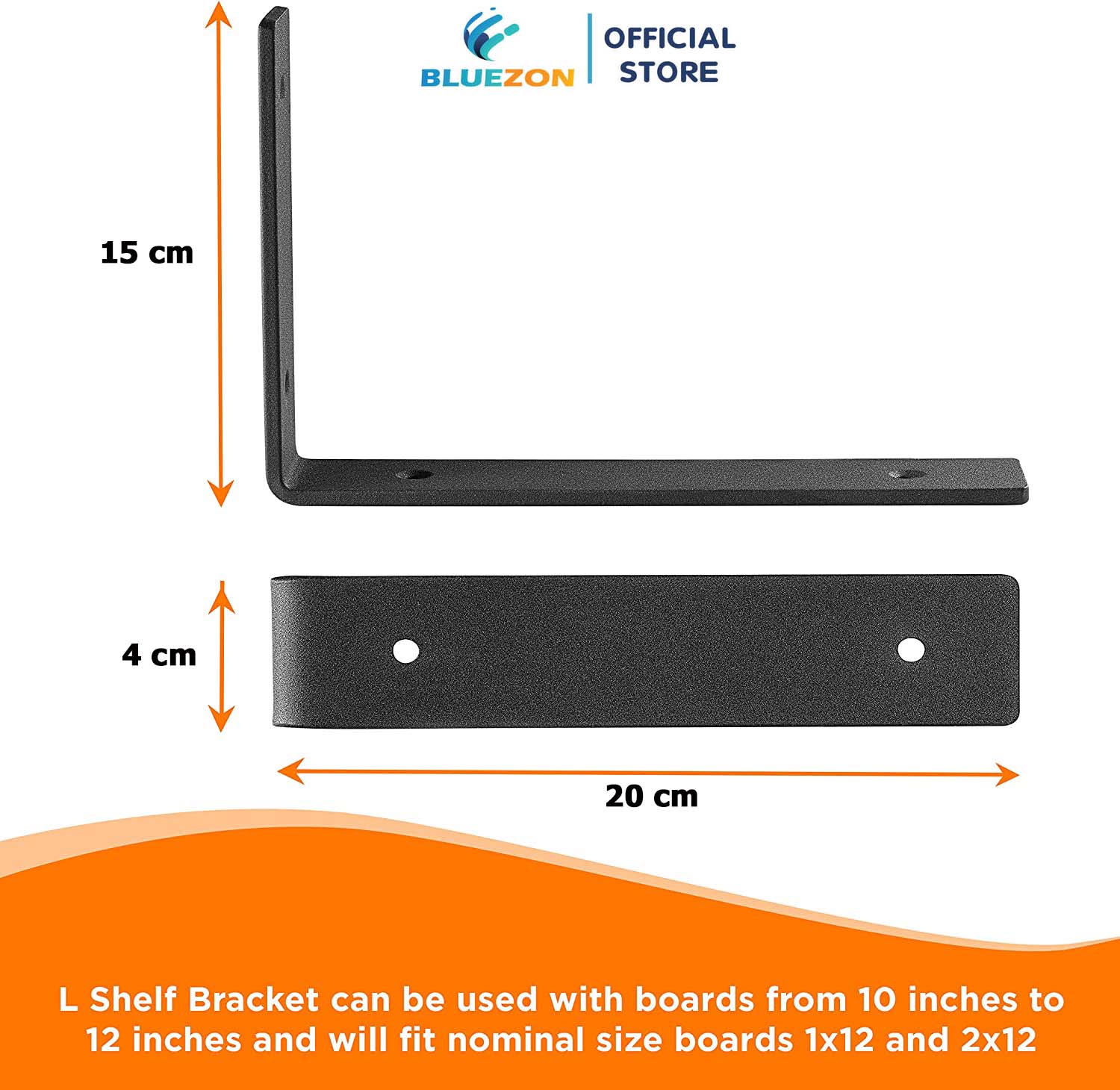 Bộ 2 giá treo chữ L 20cm, ke chữ L bằng thép phủ sơn tĩnh điện màu đen, kèm phụ kiện vít tắc kê