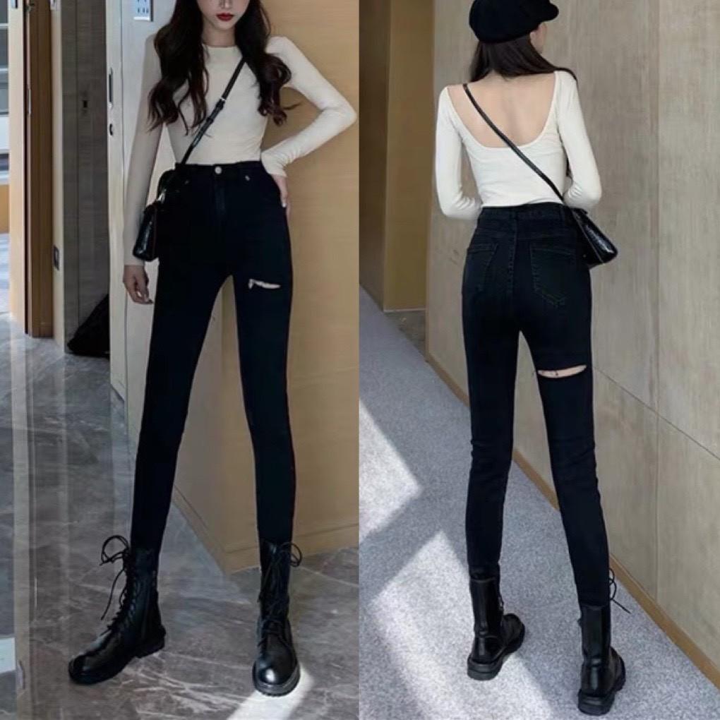 Quần jean nữ dài màu đen tuyền lưng cao co dãn mạnh, rách kiểu dành cho Big Size 2707