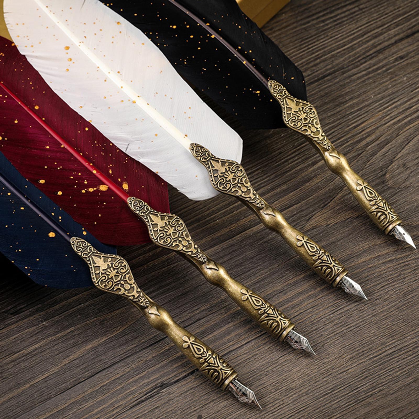 Calligraphy Feather Pen Set Feather Dip Pen Bottle of Ink Anitque White