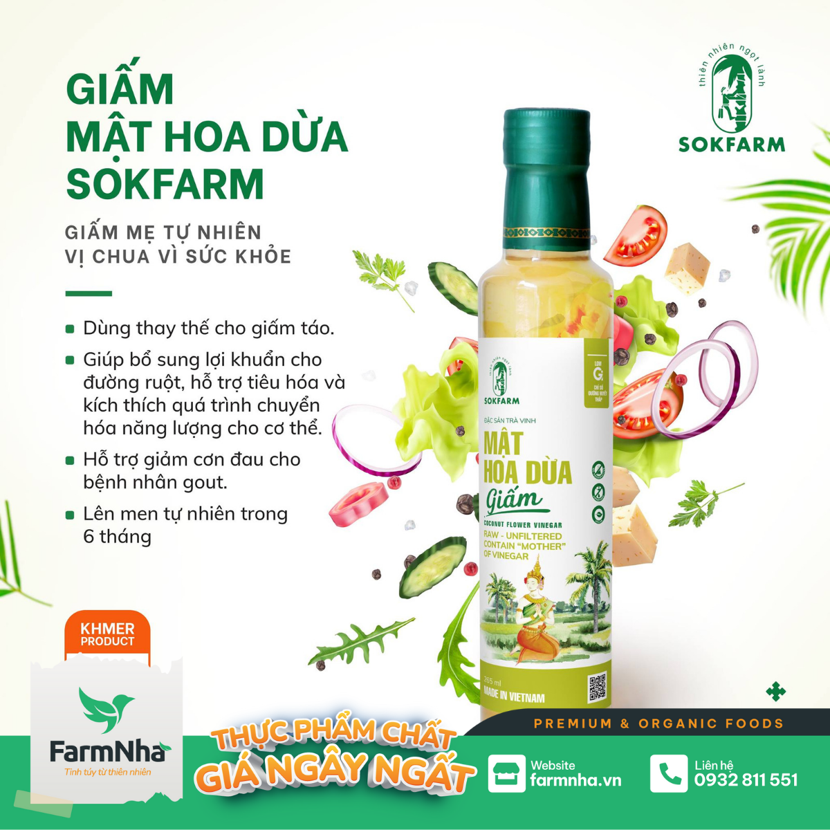 Giấm Mật Hoa Dừa Sokfarm 265ml - Chuẩn Xuất Khẩu FDA Hoa Kỳ