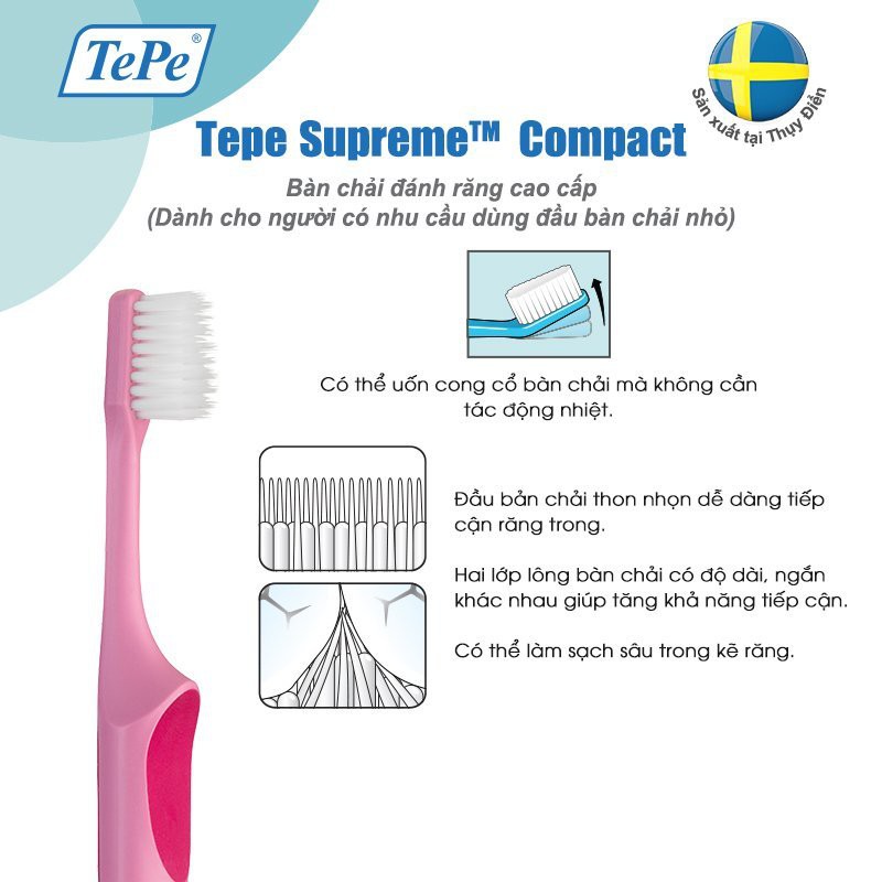 Bàn Chải Cho Bé Tepe Supreme Compact Siêu Mềm (5-11 Tuổi) – Đầu Nhỏ, Lông 2 Tầng, Bảo Vệ Nướu - Nhập Khẩu Thụy Điển