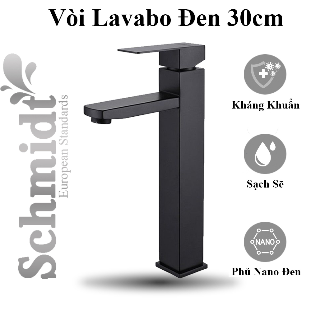 Vòi lavabo Vuông Nóng Lạnh Mạ Đen Inox 304 Schmidt - Tặng Kèm Bộ Dây Cấp Nước Nóng Lạnh 40 cm - Hàng Chính Hãng