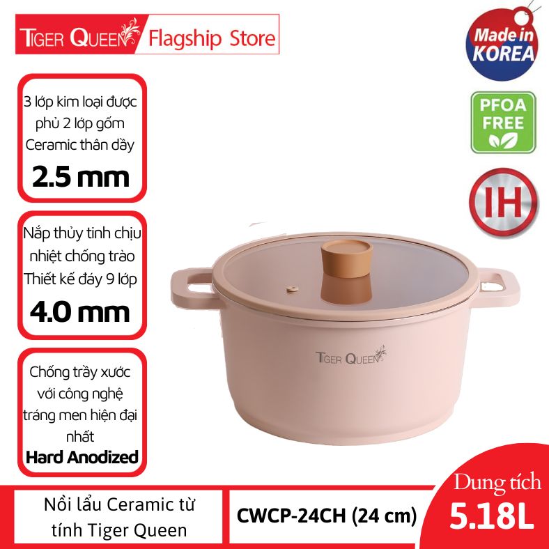 Nồi hầm Ceramic từ tính cao cấp hiệu Tiger Queen CWCP-24CH - Màu hồng hoa anh đào [24cm - 5.18L] - Chính hãng