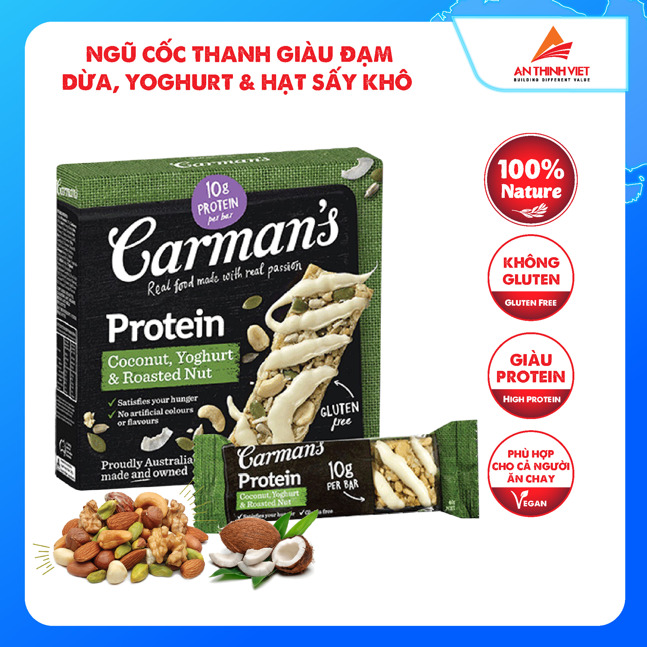 Thanh Giàu Đạm Carman's Protein Bar Coconut, Yoghurt, Roasted Nut - Vị Dừa, Sữa Chua - 200g