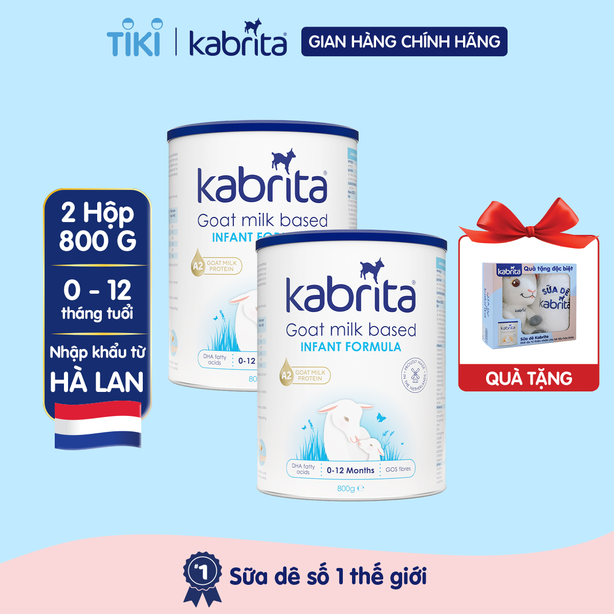 [QUÀ TẶNG SET DÊ BÔNG] COMBO 2 Sữa dê Kabrita số 1 cho trẻ- Lon 800g