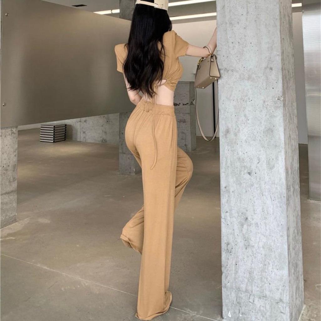 Bộ Áo Croptop Quần Culottes Nữ Vải Thun Set Áo Thun Nữ Cộc Tay Kèm Quần Dài Ống Rộng 2 Màu