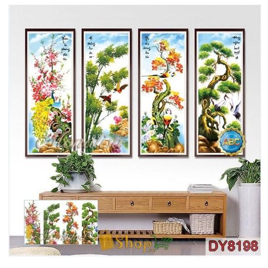 Tranh Đính Đá TỨ QUÝ TÙNG CÚC TRÚC MAI. Kích Thước: 1m21 x 75cm