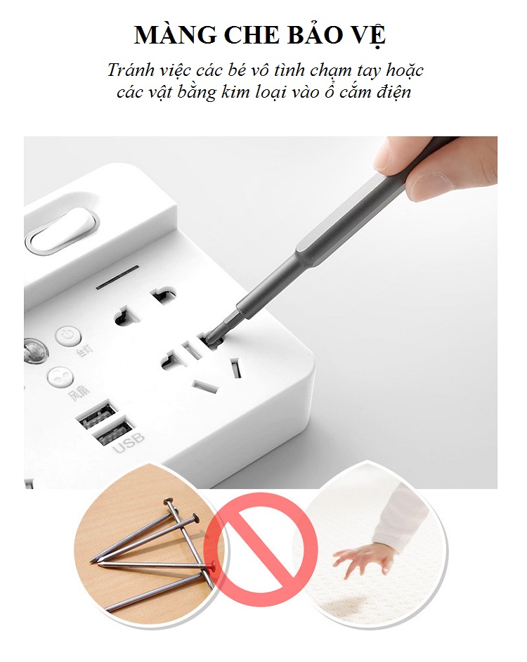 Ổ cắm trống sét đa năng VQĐ-21 Tích hợp 4 ổ cắm điện + 2 cổng USB; có khay để điện thoại, máy tính bảng