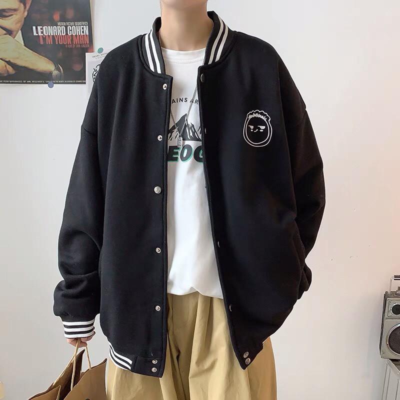 Áo Bomber Cardigan Nỉ Bông Bấm Cúc In Mặt Cười Form Rộng Unisex Nam Nữ Mặc Couple Ulzzang