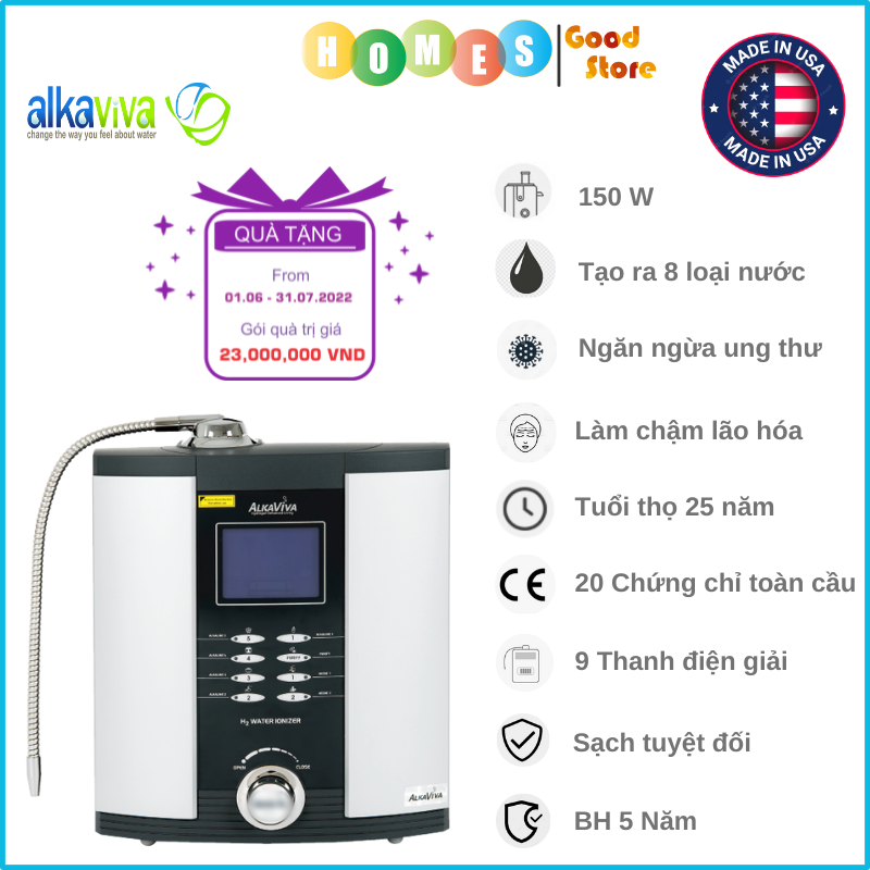 Máy Lọc Nước Điện Giải Ion Kiềm ALKAVIVA VESTA H2 Thương Hiệu Mỹ, Sản Xuất Tại Mỹ Gồm 9 Thanh Điện Giải Tạo Ra 8 Loại Nước Ion - Hàng Chính Hãng