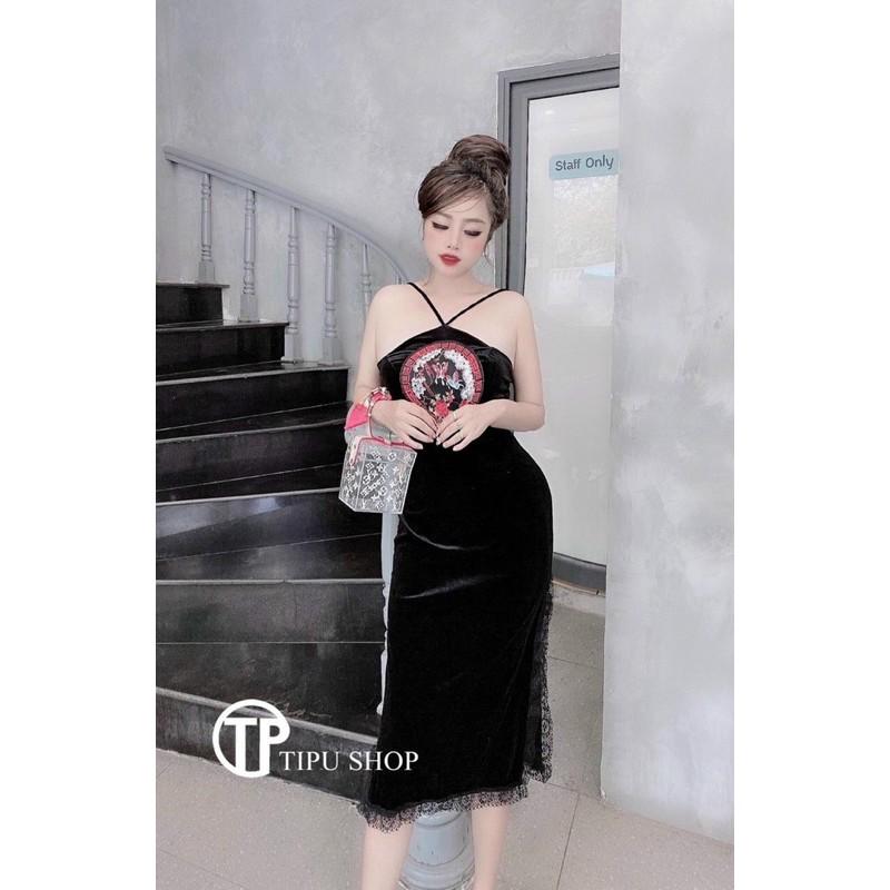 Đầm cổ yến chất nhung dài xẻ tà phối ren dài qua gối hàng shop- R0B