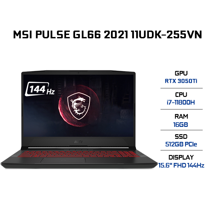 Laptop MSI Pulse GL66 11UDK-255VN (Core i7-11800H/ 16GB (8GBx2) DDR4 3200MHz/ 512GB NVMe PCIe Gen3x4 SSD/ RTX 3050Ti 4GB GDDR6/ 15.6 FHD IPS, 144Hz/ Win10) - Hàng Chính Hãng