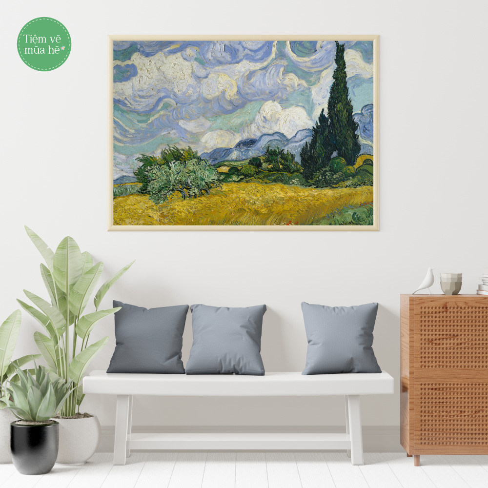 Tranh số hóa  - Cánh đồng lúa mì với cây bách đã căng khung 40x50cm 26 màu