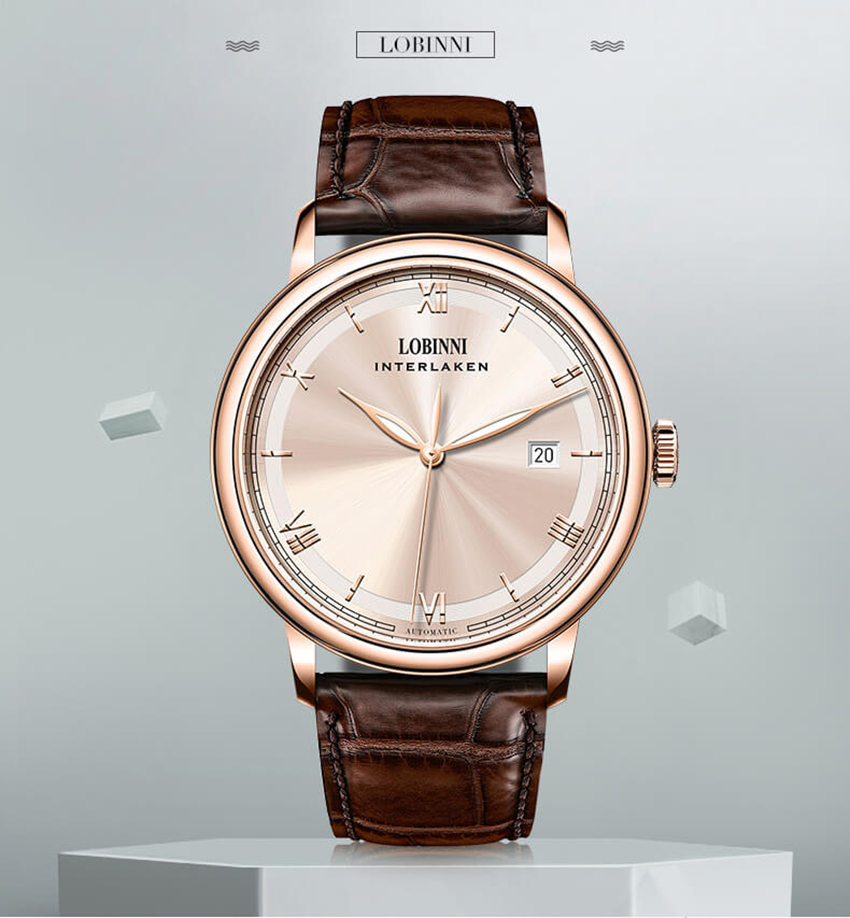 Đồng hồ nam chính hãng Lobinni L14003-1 Kính sapphire chống xước,Chống nước 50m,bảo hành 24 tháng,Máy cơ(Automatic,dây da nâu xịn,máy lộ cơ vỏ vàng