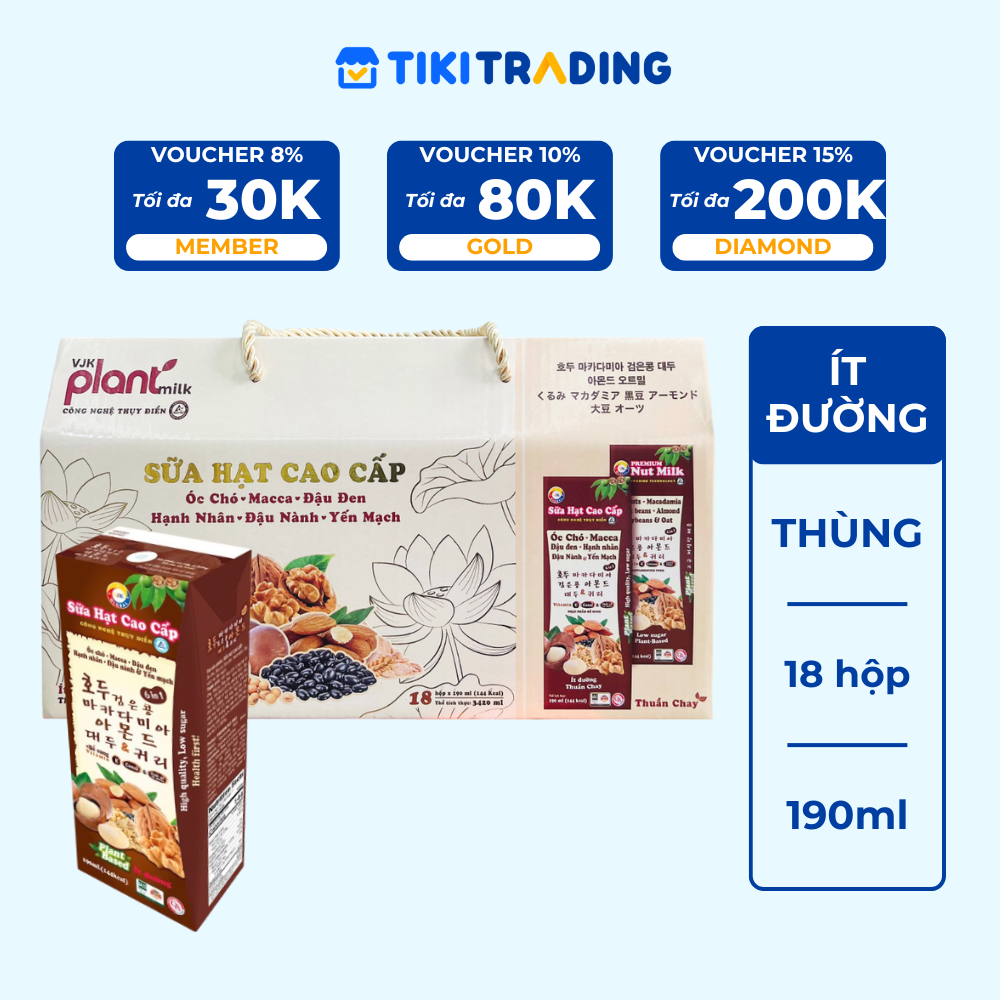 Sữa hạt cao cấp Óc chó - Macca - Đậu Đen - Hạnh Nhân - Đậu Nành &amp; Yến Mạch ít đường 190ml (18hộp/Xách)