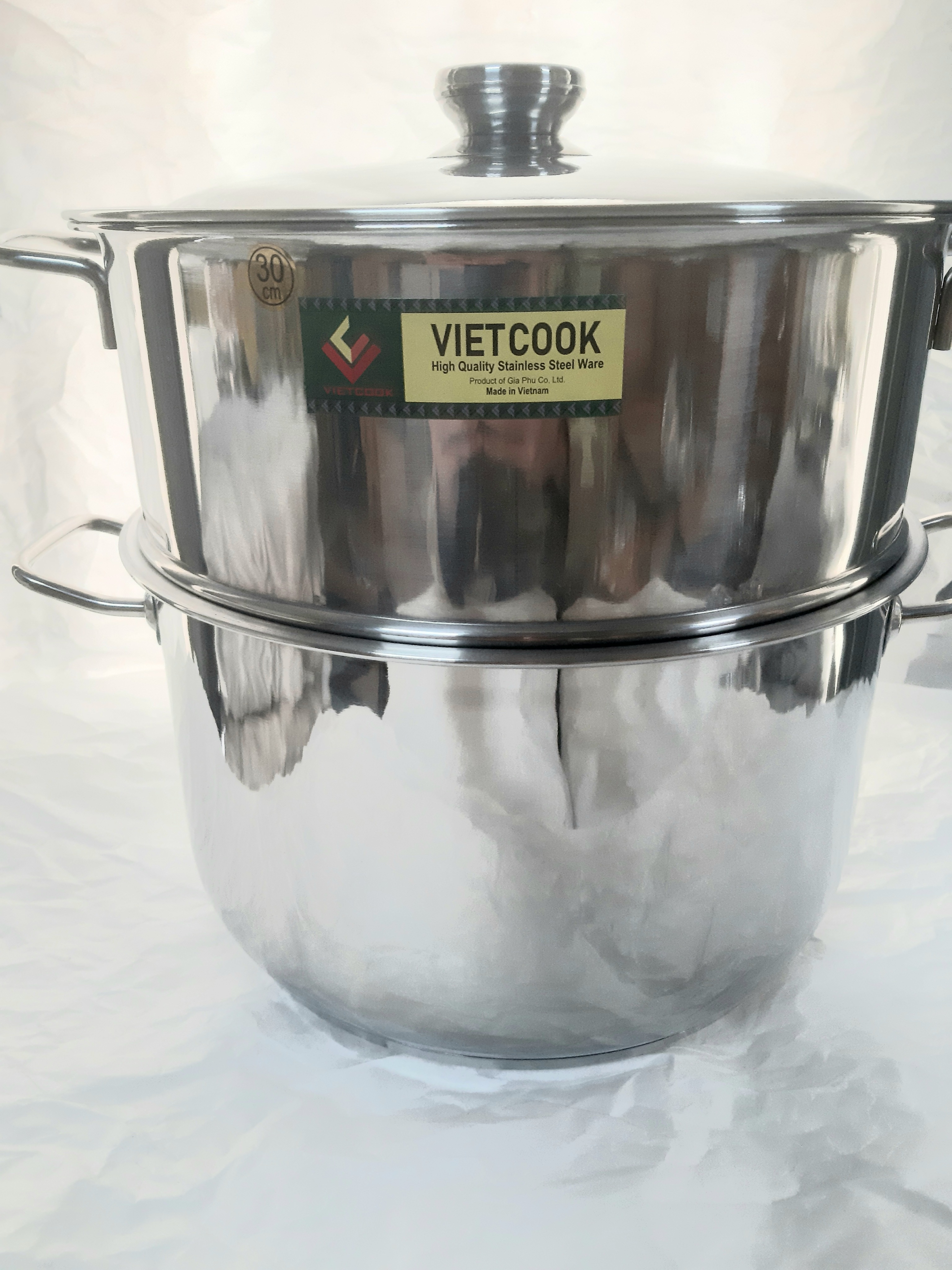 Bộ nồi xửng hấp inox ,xửng hấp inox 2 tầng 3 đáy nắp kính,nắp inox VietCook đun bếp từ size 28 kêt hợp chõ hấp xôi