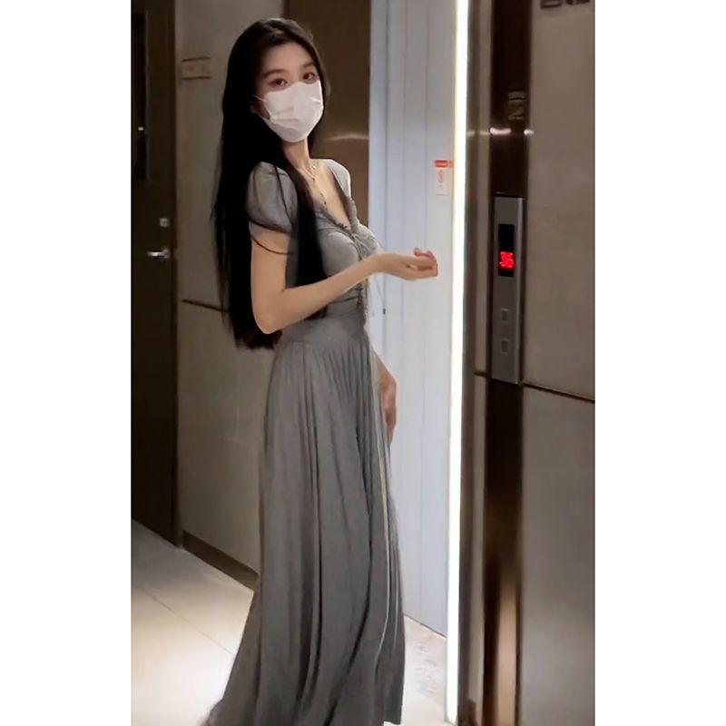 DIYIWEI Phong cách Pháp, thắt lưng, tay áo ngắn, váy cổ chữ V, váy dài mùa hè đơn giản, cao cấp.