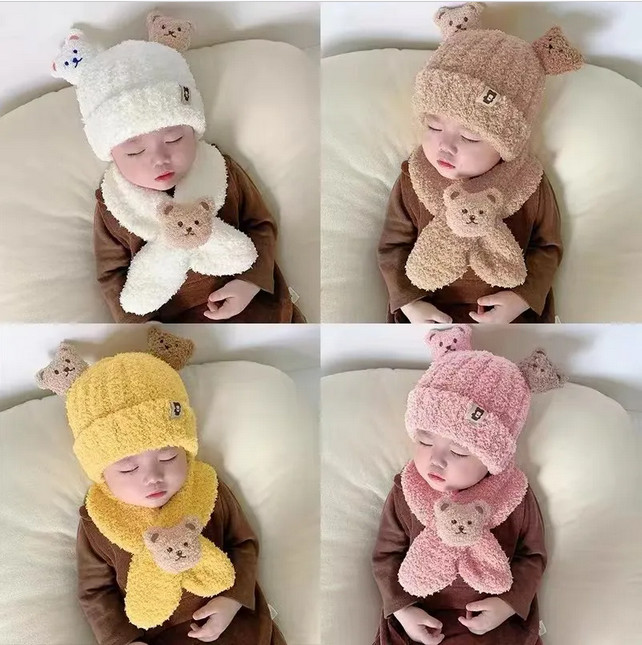 Set mũ len lông cừu kèm khăn 2 chú gấu cao cấp, mũ len gấu 3D lông cừu kèm khăn quàng cổ cho bé 0-4 tuổi