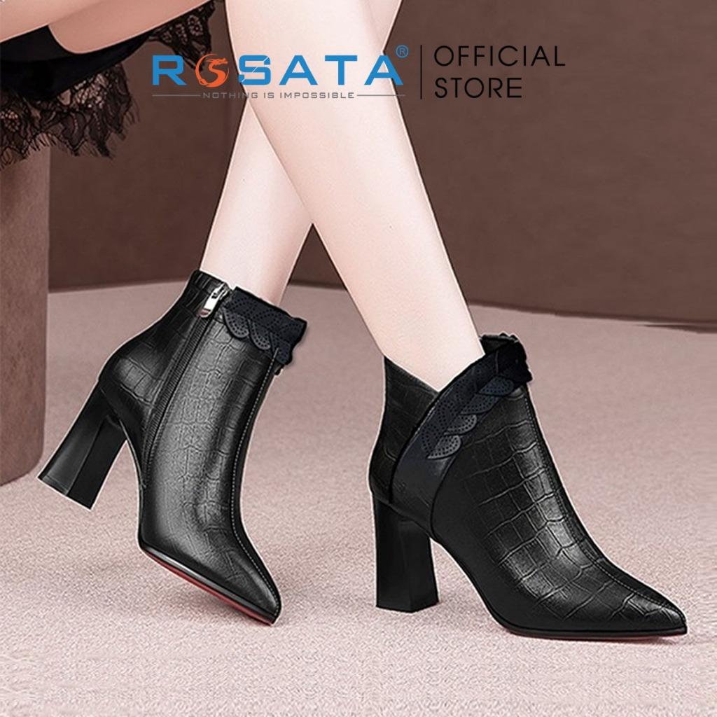 Giày boot ROSATA RO445 bốt nữ cổ cao, đế cao 8 phân thời trang hàn quốc cao cấp da Pu loại 1 mềm mại khóa kéo - Đen