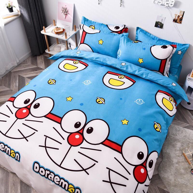 Bộ chăn ga Cotton Poly mẫu mới mặt cười ddoorremon đáng yêu  - Hàng nhập khẩu
