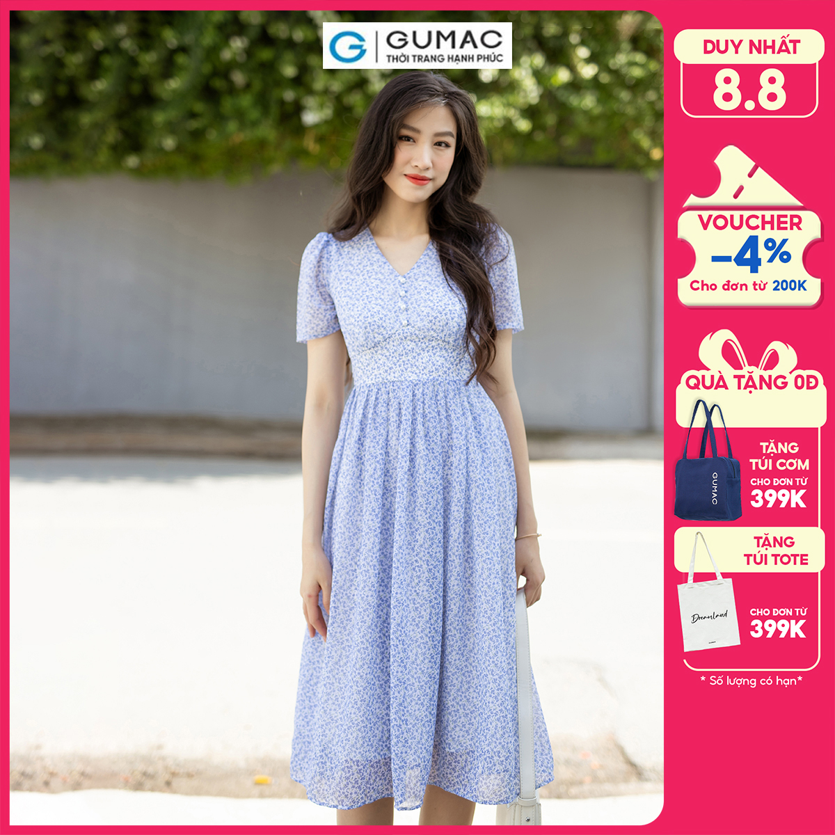 Đầm xòe voan hoa nhí xếp ly cột dây nơ nữ tính thanh lịch thời trang GUMAC DD07030