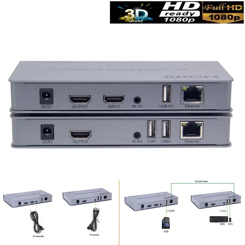 HDMI KVM Extender 120m 4K - Bộ Khuếch Đại Tín Hiệu HDMI Extender Qua LAN Kéo Dài 120 mét Độ Phân Giải 4K - Tích Hợp Cổng USB Điều Khiển Chuột và Bàn Phím - Có Cổng Hồng Ngoại IR Điều Khiển TV - Hàng Chính Hãng