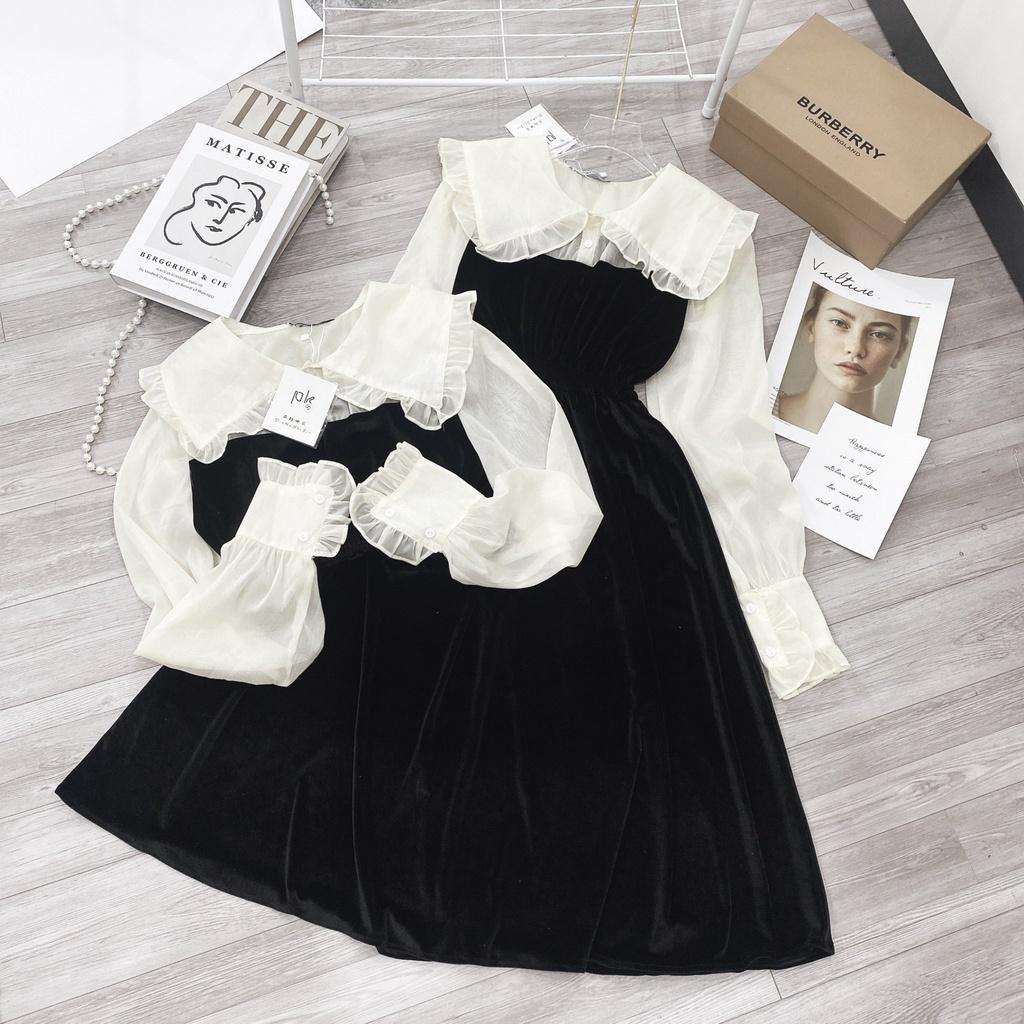 Váy nhung đen cổ bèo vintage tiểu thư sang chảnh