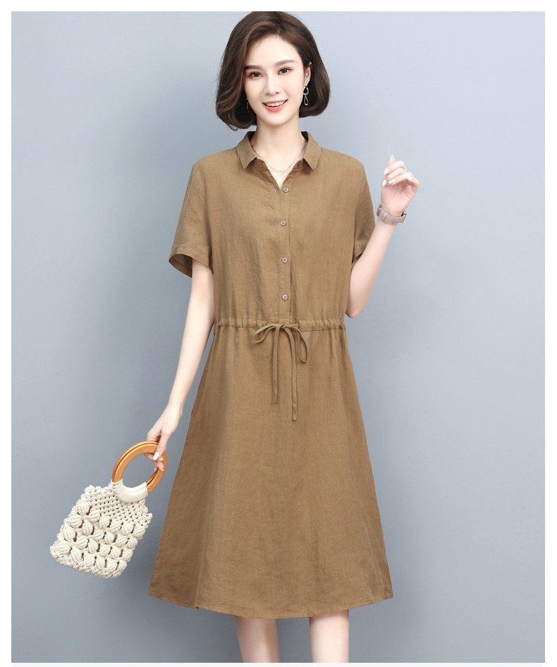 Váy sơ mi nữ dáng dài Đũi Việt thắt eo form suông vintage DV37