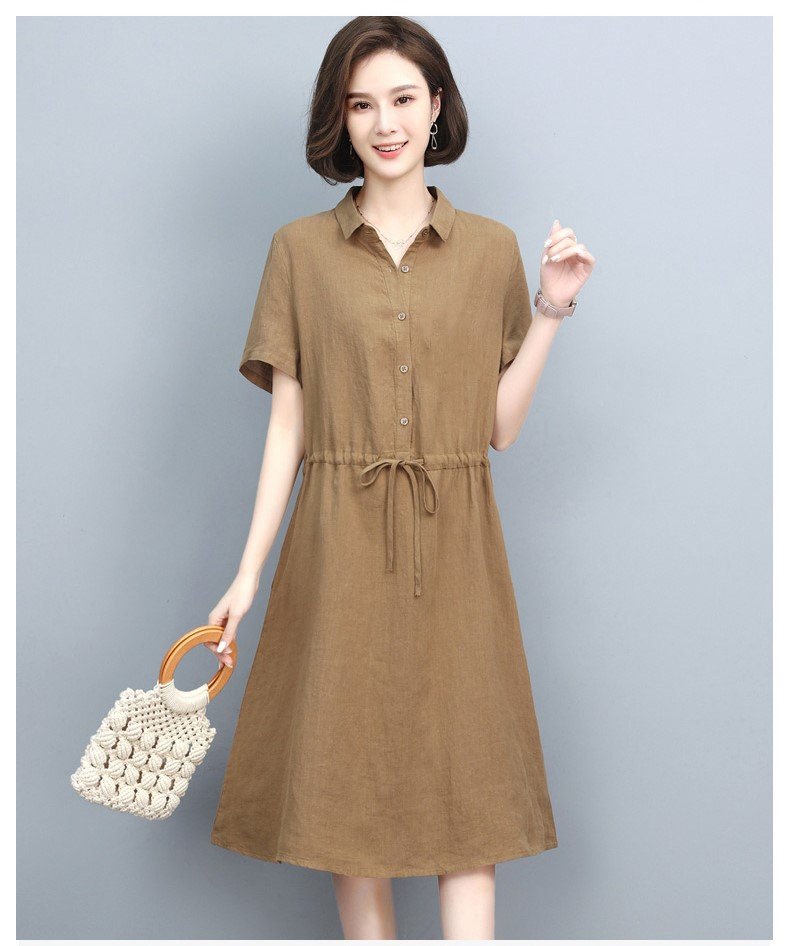 Đầm linen nữ cổ sơ mi ngắn tay kèm dây thát eo, thời trang công sở cho nữ đi làm Haint Boutique