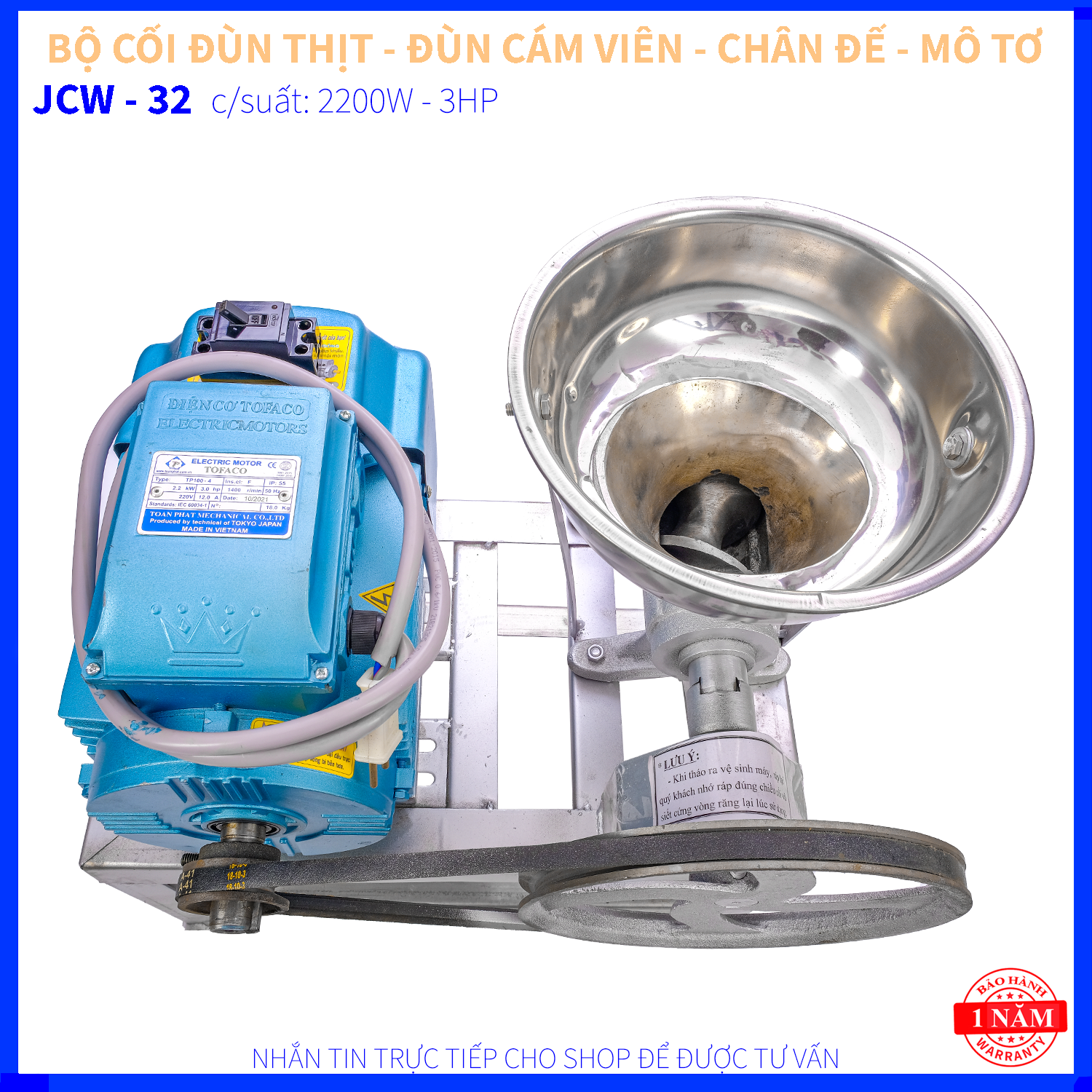 CỐI ĐÙN THỊT JCW 32 GANG 100% - CHÂN ĐẾ SẮT - 2 DÂY CURO - MÔ TƠ 2.2KW - 3HP