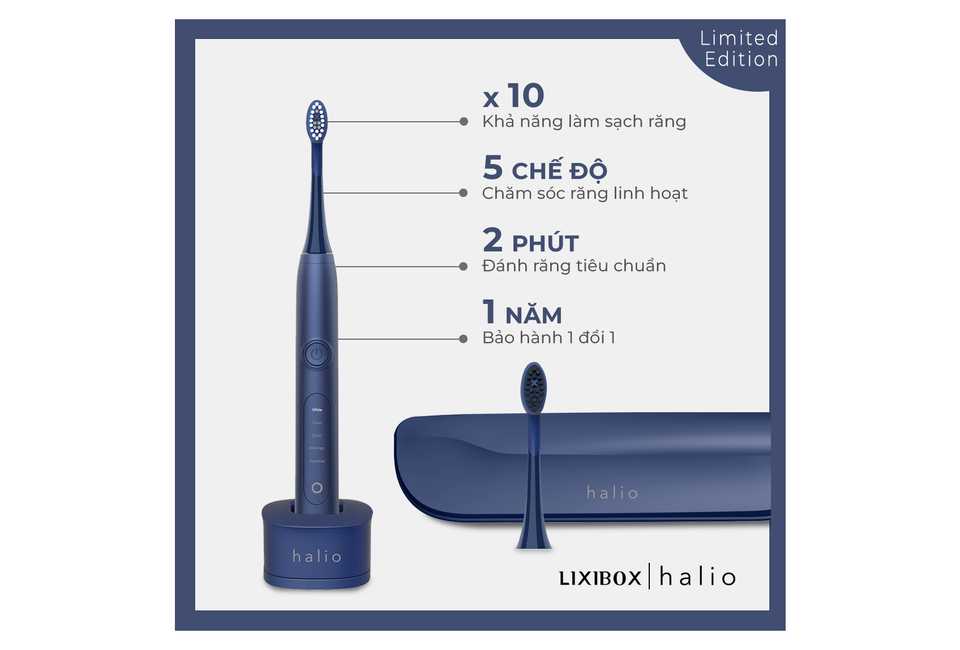 Combo Bàn chải đánh răng điện Halio Toothbrush - Midnight Blue &amp; set đầu bàn chải thay thế