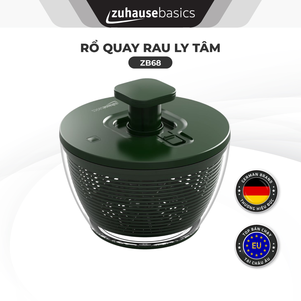 Rổ quay rau ly tâm Zuhausebasics ZB68 GREEN, rổ quay salat chất liệu nhựa PP - hàng chính hãng