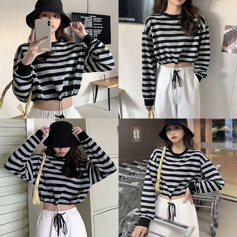 Áo Croptop Dài Tay Dáng Rộng Họa Tiết Kẻ Sọc Phong Cách Thoải Mái