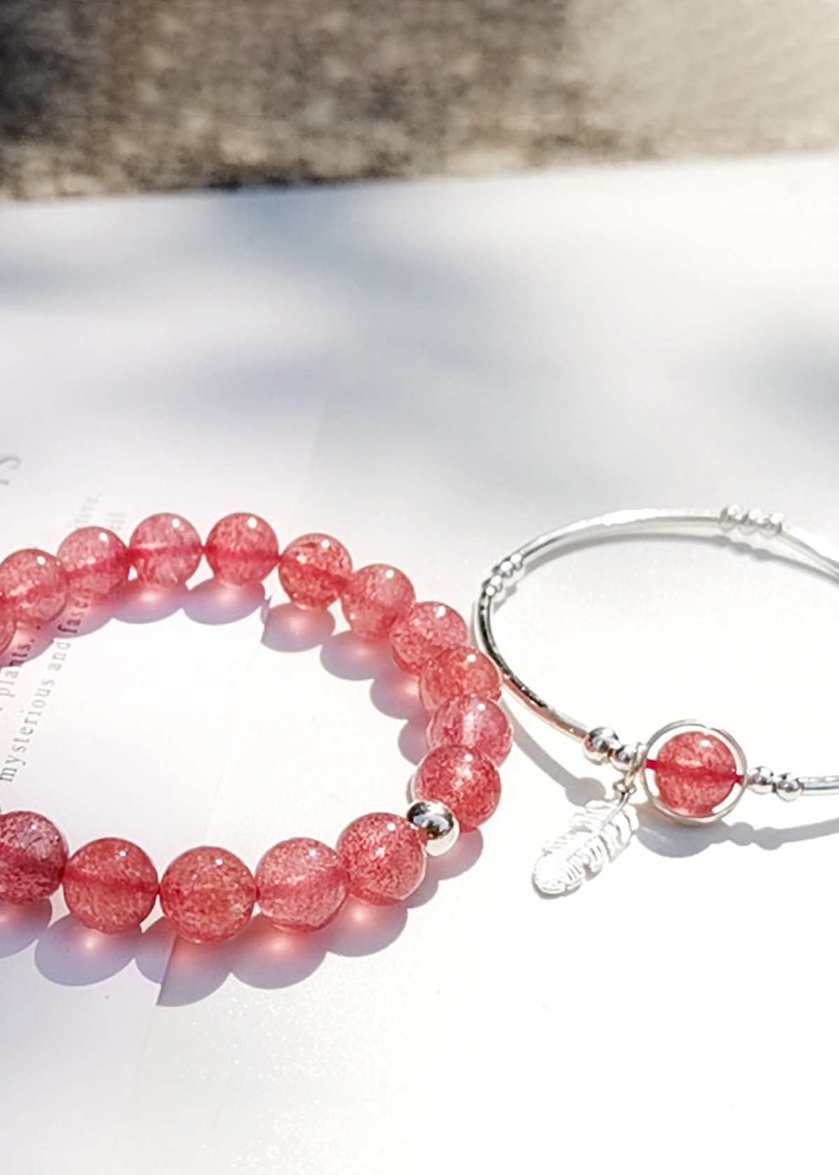 Vòng đôi đá thạch anh dâu phối charm lá bạc mệnh hỏa, thổ - Ngọc Quý Gemstones