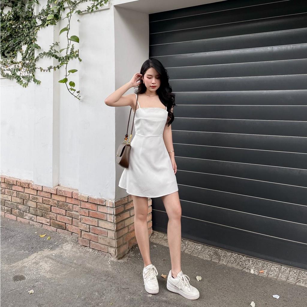 Đầm trơn 2 dây trắng và đen