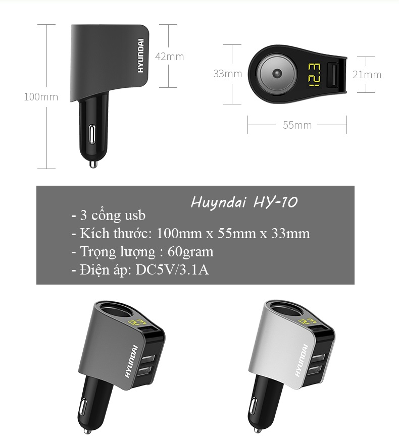 Bộ Chia tẩu sạc, Adapter Sạc Huyndai HY - I0 Cao cấp