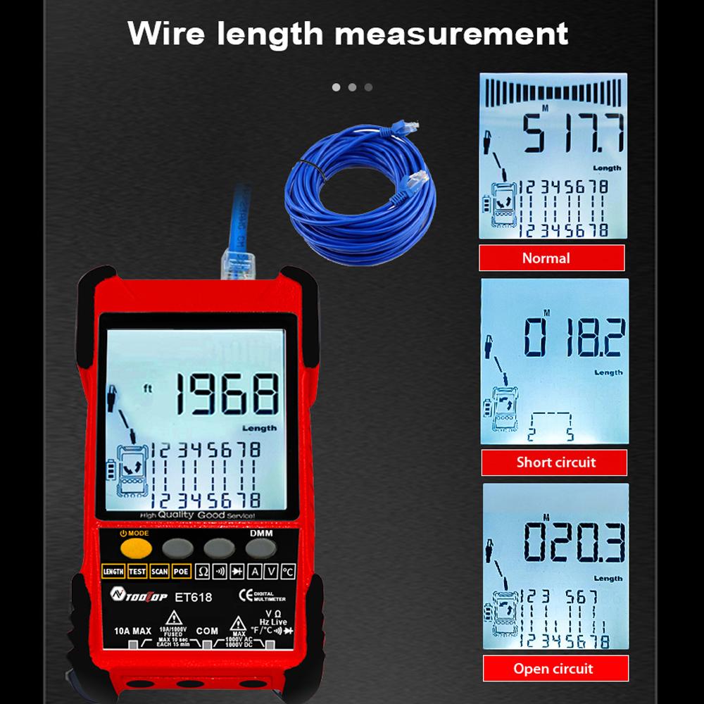 Handheld Portable 2in1 Network Cable Tester Multimeter LCD Display with Backlight Analogs Digital Search POE Test Cable Pairing Sensitivity Adjustable Network Cable Length Short Open Circuit Measure Trackers Multifunctional Cable Tester