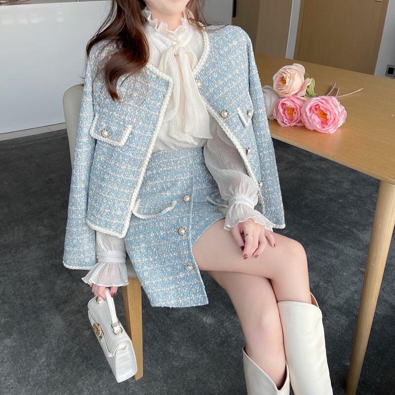 Sét Dạ Tweed Xinh, Áo Khoác Dạ Kèm Chân Váy