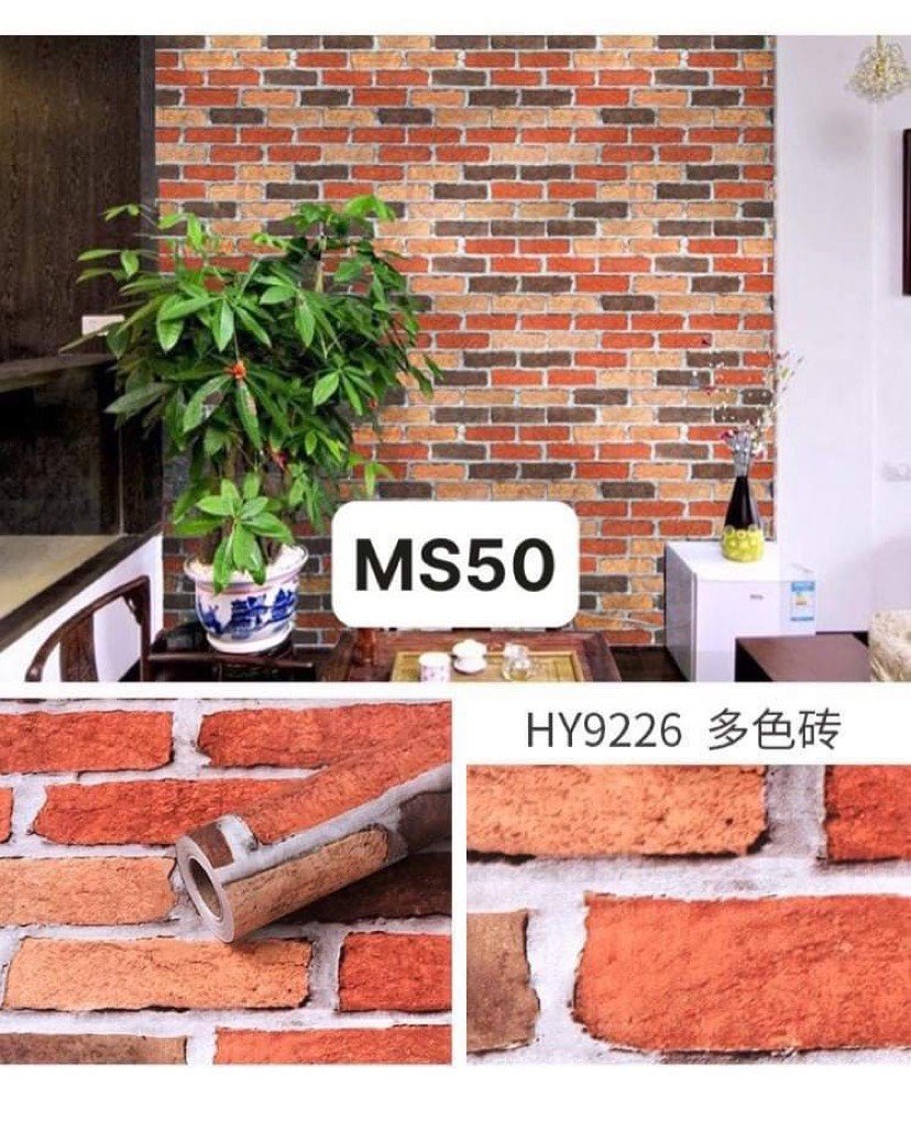 Cuộn 10m Giấy Dán Tường Mẫu Gạch Thẻ Loang Đỏ, Decan Dán Tường Sẵn Keo