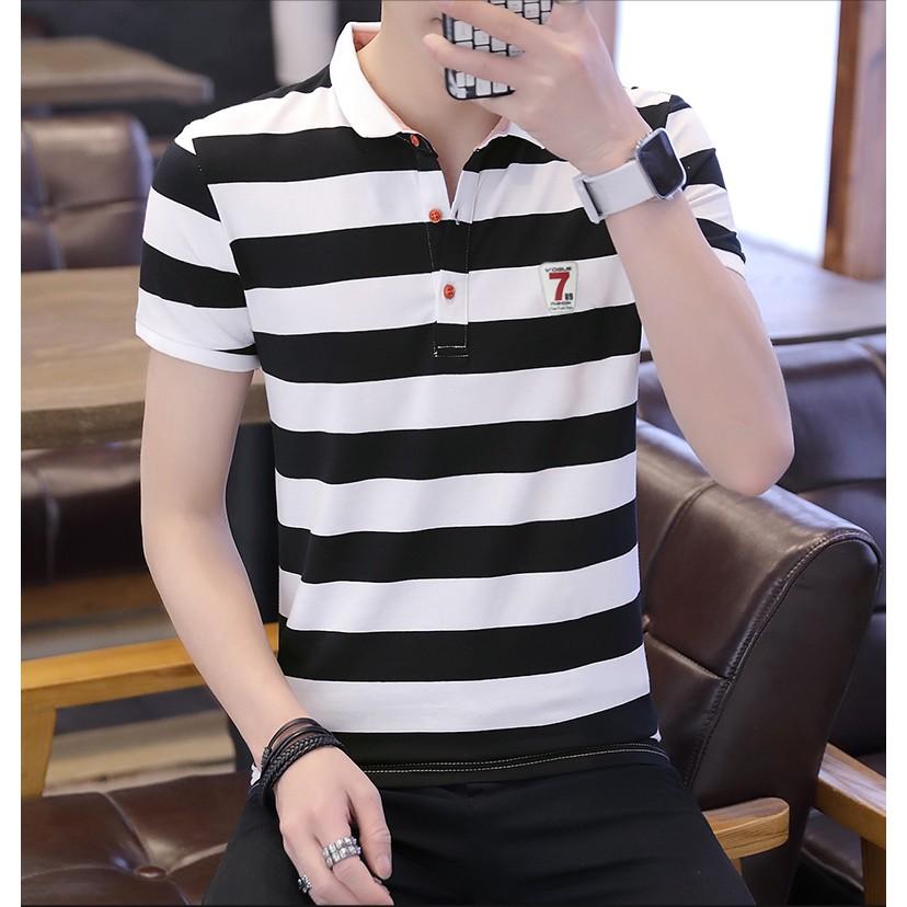 Áo thun nam ngắn tay sọc ngang thời trang -sọc Xanh